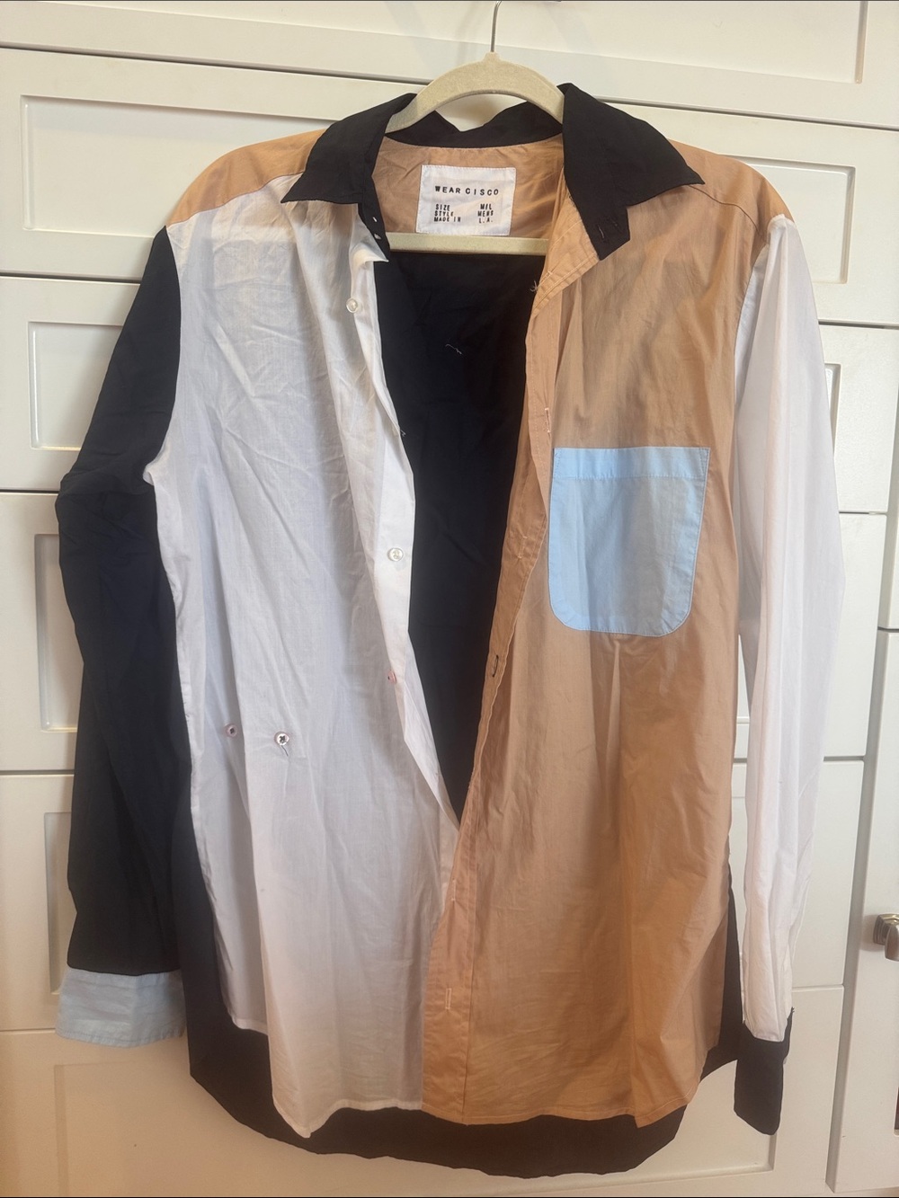 Colorblock Lightweight Shirt Jacket - Black, White & Tan with Light Blue Pocket